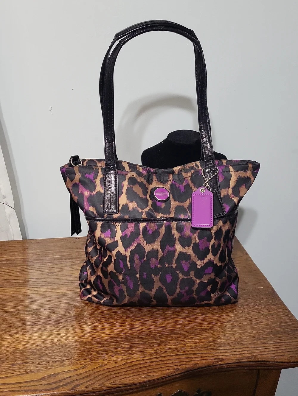 Coach Ocelot Leopard Print Tote Bag with Purple Accents
